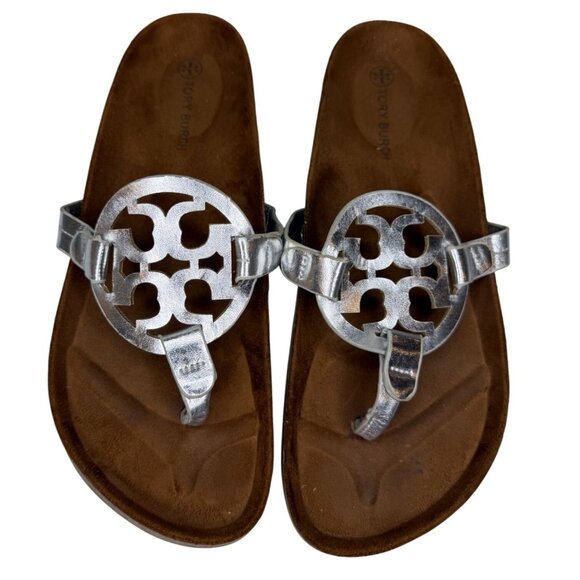 TORY BURCH Miller Cloud Calfskin Metallic Medallion Sandals Silver US 8B - Picture 1 of 4